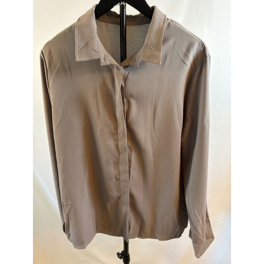 Womens Grey Long Sleeve Hidden Button Down Blouse Office Work Top Size L